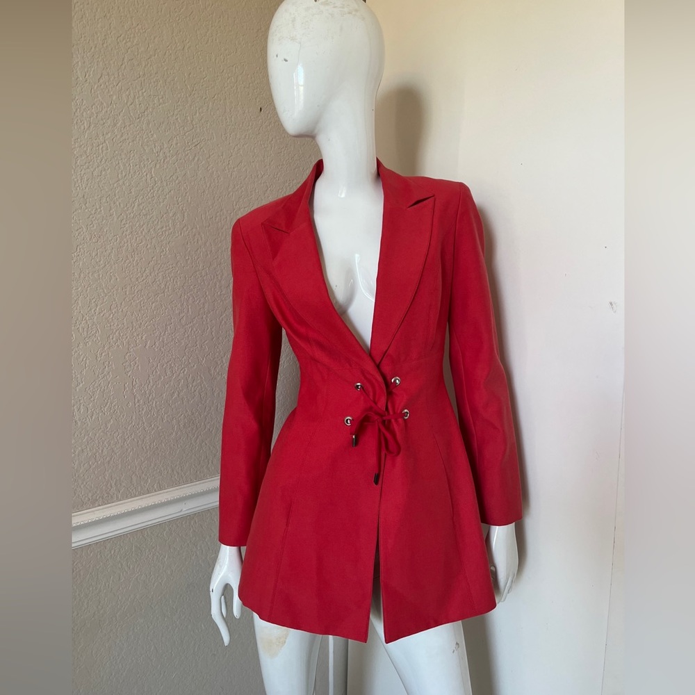 STATE OF CLAUDE MONTANA Coral Red Lace-Up Front Cotton Blazer Jacket FR 36